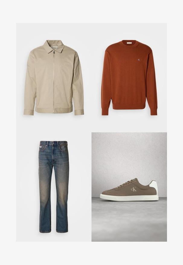 Veste légère beige avec un col, fermeture éclair à l'avant et logo brodé sur la poitrine gauche. Texture lisse avec une coupe ajustée.; Pull rasé en tricot fin de couleur rouille, avec des poignets et un ourlet côtelés, orné d'un petit logo bleu sur la poitrine. Texture douce.; Jean taille haute bleu en denim, avec une coupe droite, des patchs décolorés et usés, et un style traditionnel à cinq poches.; Baskets Taupe Calvin Klein avec lacets beige et semelle blanche, flottant au-dessus d'un sol gris lisse près d'un mur en blocs de verre.