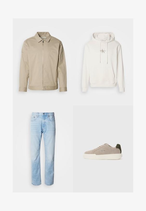 Beige lichtgewicht jas met een kraag, rits aan de voorkant en geborduurd logo op de linkerkant van de borst. Glad textuur met een getailleerde pasvorm.; Witte hoodie van zachte stof; voorzien van een voorkant met een kangoeroezak, geribbelde manchetten en een logo met "Calvin Klein" boven een gestileerde "K."; Lichtblauwe denim jeans met een rechte pijp, met vervaagde delen, vijf-pocket ontwerp en een klassieke knoopsluiting.; Beige suède sneakers met een witte rubberen zool, voorzien van een donkergroene hielaccent en subtiele branding aan de zijkant.