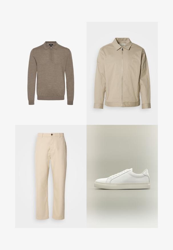 Beige letvægtsjakke med krave, lynlås foran og broderet logo på venstre bryst. Glat tekstur med skræddersyet pasform.; Lysebrunt pullover med lynlåskrave, lange ærmer og en blød struktur, lavet af fint strikket materiale.; Beige bomuldsbukser med lige ben, en frontknaplukning, sidelommer og en glat tekstur. Minimalistisk design, ingen synlige mønstre.; Hvid lavtop sneaker med snørebånd foran og tyk sål, vist fra siden mod en neutral baggrund.