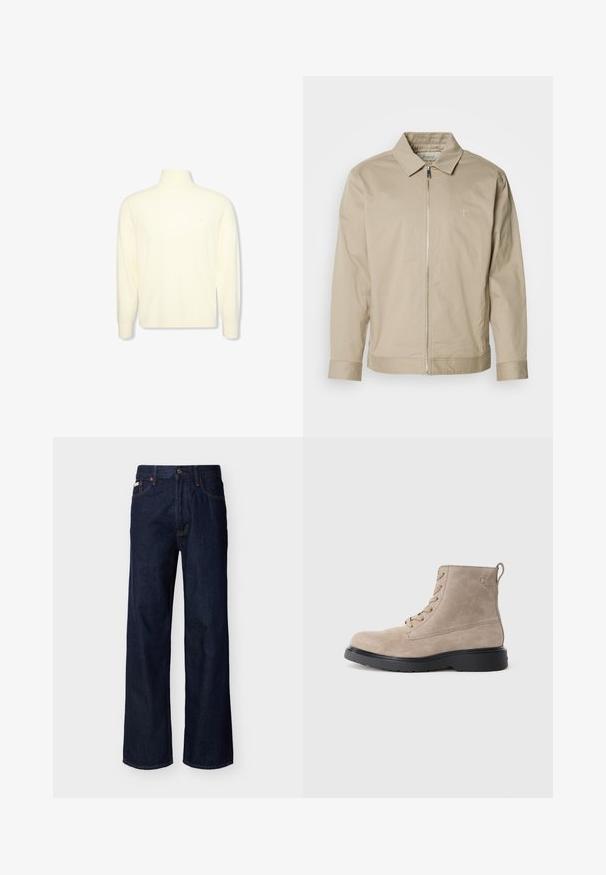 Beige letvægtsjakke med krave, lynlås foran og broderet logo på venstre bryst. Glat tekstur med skræddersyet pasform.; Kremfarvet langærmet højhalset sweater med ribbet manchetter og et diskret logo på brystet, vist på en ensfarvet hvid baggrund.; Mørkeblå, straight-leg denimjeans med fem-lommes design og knaplukning, vist på en ensfarvet lys baggrund.; Beige ruskindsankelstøvler med sort gummisål, snørelukning og et lille logo præget på siden, med en løftestrop bagpå.