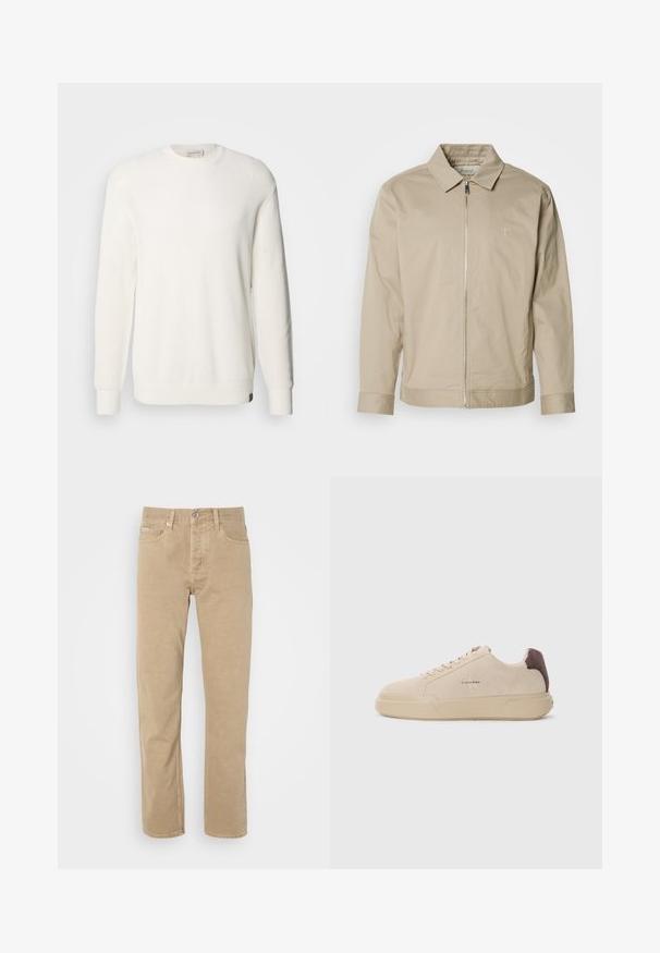Chaqueta ligera beige con cuello solapa, cremallera frontal y logo bordado en el lado izquierdo del pecho. Textura suave con un corte ajustado.; Calvin Klein Jeans CREW - Jersey de punto - tofu; Pantalones de algodón beige con un diseño de pierna recta, que cuentan con bolsillos frontales, cierre de botón y detalles de costura sutiles a lo largo de las costuras.; Zapatilla de ante beige con punta redondeada, cordones en la parte frontal y un acento de ante marrón en el talón. Cuenta con una suela de goma texturizada.