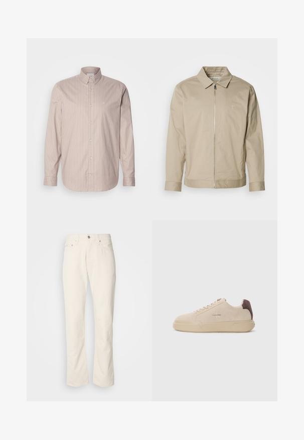Chaqueta ligera beige con cuello solapa, cremallera frontal y logo bordado en el lado izquierdo del pecho. Textura suave con un corte ajustado.; Camisa de botones de manga larga beige con rayas verticales blancas, cuello puntiagudo y un pequeño logotipo bordado en el pecho.; Jeans de algodón color beige con un diseño clásico de pierna recta, que cuentan con un cierre frontal de botón, cinco bolsillos y detalles de costura sutiles.; Zapatilla de ante beige con punta redondeada, cordones en la parte frontal y un acento de ante marrón en el talón. Cuenta con una suela de goma texturizada.