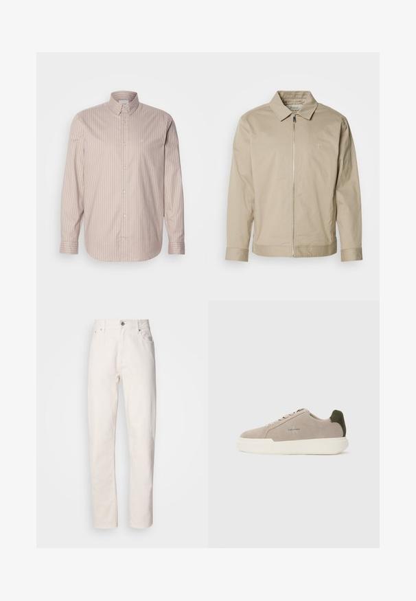 Chaqueta ligera beige con cuello solapa, cremallera frontal y logo bordado en el lado izquierdo del pecho. Textura suave con un corte ajustado.; Camisa de botones de manga larga beige con rayas verticales blancas, cuello puntiagudo y un pequeño logotipo bordado en el pecho.; Jeans de denim blanco de pierna recta con cierre de botón y cremallera, lazos para cinturón y bolsillos delanteros y traseros, mostrados sobre un fondo liso.; Zapatillas de piel de ante beige con suela de goma blanca, que presentan un acento en el talón de color verde oscuro y un sutil logo en el lateral.