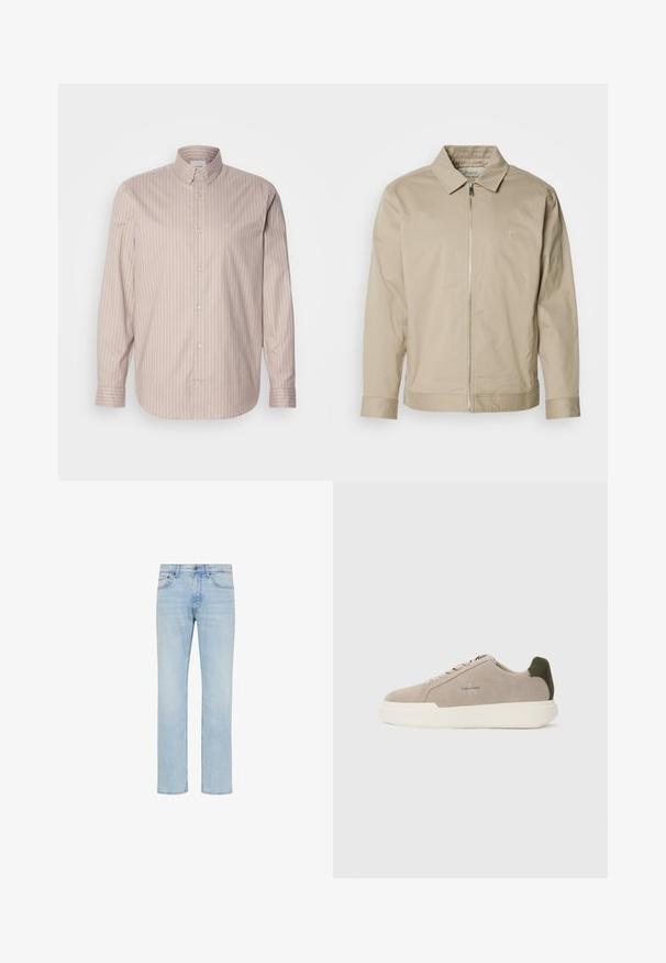 Chaqueta ligera beige con cuello solapa, cremallera frontal y logo bordado en el lado izquierdo del pecho. Textura suave con un corte ajustado.; Camisa de botones de manga larga beige con rayas verticales blancas, cuello puntiagudo y un pequeño logotipo bordado en el pecho.; Vaqueros de mezclilla azul claro de pierna recta con botón delantero, cierre de cremallera y diseño de cinco bolsillos, mostrados sobre fondo blanco.; Zapatillas de piel de ante beige con suela de goma blanca, que presentan un acento en el talón de color verde oscuro y un sutil logo en el lateral.