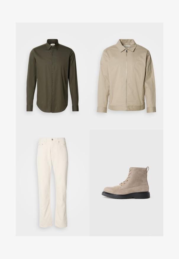 Veste légère beige avec un col, fermeture éclair à l'avant et logo brodé sur la poitrine gauche. Texture lisse avec une coupe ajustée.; Calvin Klein SLIM - Chemise - forest; Jeans en coton beige avec un design classique à jambe droite, comportant une fermeture à bouton à l'avant, cinq poches et des détails de couture subtils.; Bottines en daim beige avec semelle en caoutchouc noir, design à lacets, et un petit logo embossé sur le côté, avec une languette à l'arrière.