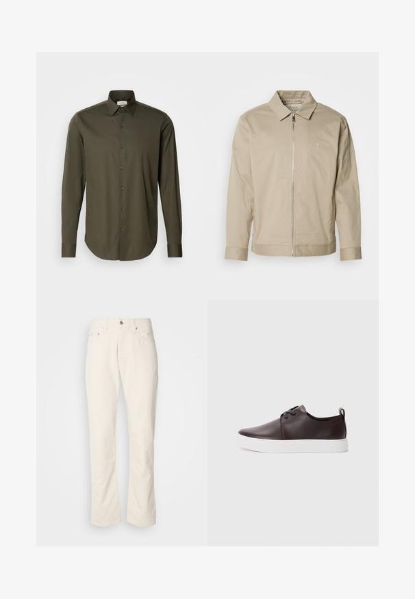 Beige letvægtsjakke med krave, lynlås foran og broderet logo på venstre bryst. Glat tekstur med skræddersyet pasform.; Calvin Klein SLIM - Skjorter - forest; Beige bomuldsjeans med et klassisk lige ben-design, der har en forreste knaplukning, fem lommer og diskrete syninger.; Brune lædersneakers med en glat overflade, hvid gummisål, rund tæer og snøredesign. Indeholder en løkke i hælen.