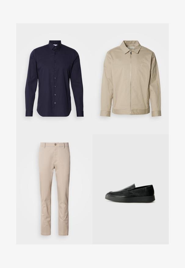 Veste légère beige avec un col, fermeture éclair à l'avant et logo brodé sur la poitrine gauche. Texture lisse avec une coupe ajustée.; Chemise bleu marine à boutons, à manches longues, avec un col classique et une coupe ajustée. Fabriquée en tissu lisse avec un logo subtil sur la poitrine.; Chinos en coton beige avec une coupe droite, passants de ceinture, un unique bouton frontal et une surface lisse, sans texture. Aucune poche n'est visible.; Calvin Klein HYBRID CUP - Chaussons - triple black
