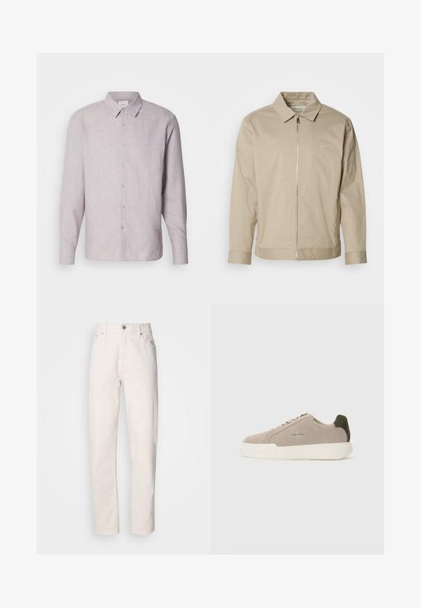 Veste légère beige avec un col, fermeture éclair à l'avant et logo brodé sur la poitrine gauche. Texture lisse avec une coupe ajustée.; Chemise en lin gris clair avec col, manches longues et boutonnière. Présente une texture subtile et des boutons en nacre le long de la patte de boutonnage.; Jeans en denim blanc à jambe droite, avec fermeture à bouton et à fermeture éclair, passants de ceinture, et poches avant et arrière, présentés sur fond uni.; Baskets en suède beige avec une semelle en caoutchouc blanche, présentant un accent de talon vert foncé et une branding subtile sur le côté.