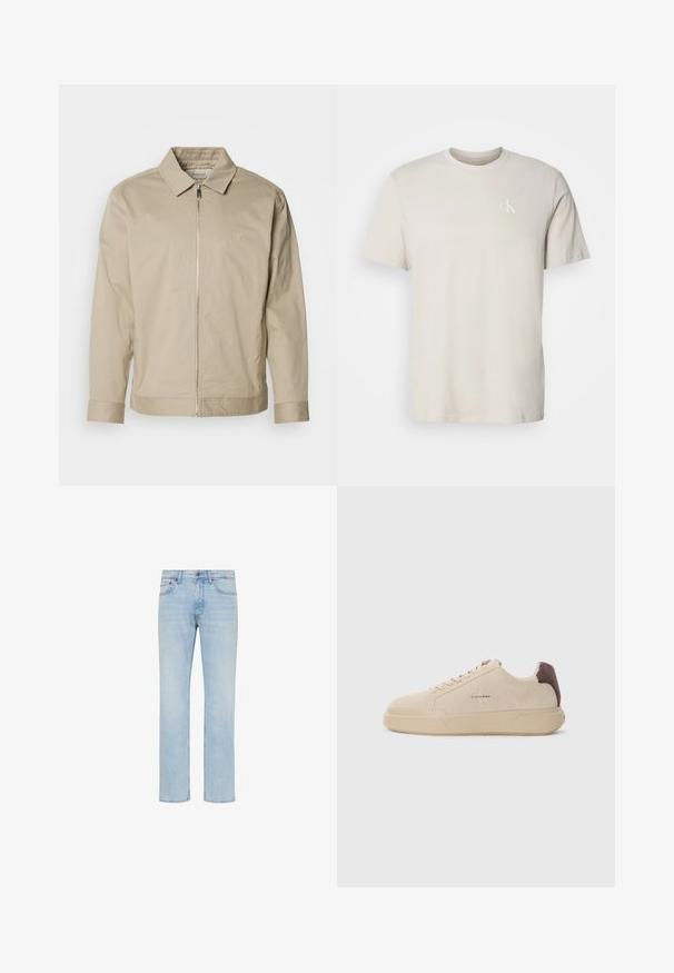Beige leichte Jacke mit Kragen, Frontreißverschluss und gesticktem Logo auf der linken Brust. Glatte Textur mit taillierter Passform.; Beige kurzärmeliges Baumwoll-T-Shirt mit rundem Ausschnitt und kleinem weißem "cK"-Logo auf der linken Brust.; Hellblaue Straight-Leg-Jeans aus Denim mit vorderem Knopf, Reißverschluss und Fünf-Taschen-Design, gezeigt auf weißem Hintergrund.; Beige Wildleder-Sneaker mit runder Spitze, Schnürung vorne und einem braunen Wildlederakzent an der Ferse. Verfügt über eine strukturierte Gummisohle.