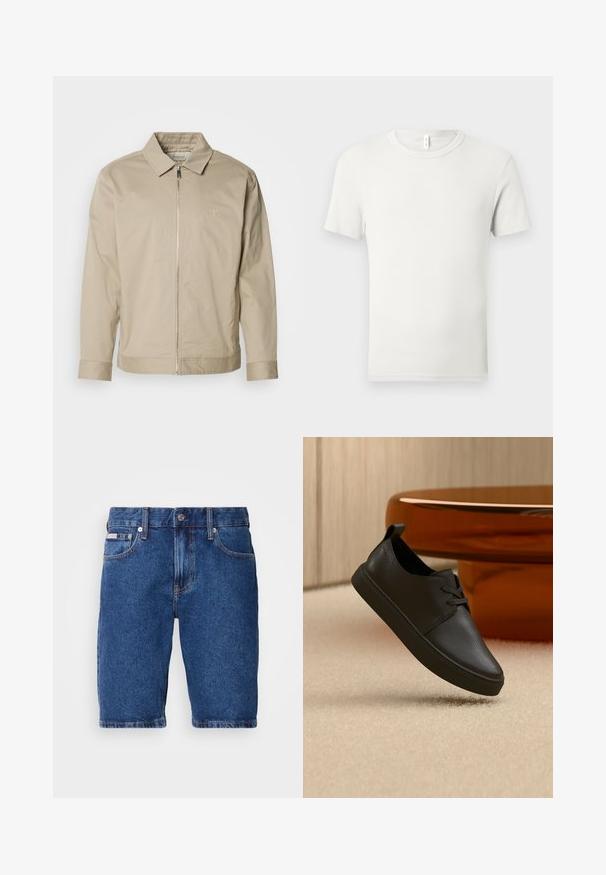 Veste légère beige avec un col, fermeture éclair à l'avant et logo brodé sur la poitrine gauche. Texture lisse avec une coupe ajustée.; T-shirt blanc uni à manches courtes et col rond, étalé à plat sur un fond gris clair, avec une petite étiquette en tissu au niveau du col.; Shorts en denim bleu foncé, avec un design classique à cinq poches, des accents de surpiqûres visibles, et une coupe droite à longueur de genou.; Baskets décontractées en cuir noir avec lacets, flottant au-dessus d'un tapis beige, avec une table en verre ambré arrondie en arrière-plan.