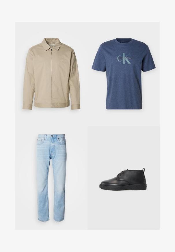 Beige letvægtsjakke med krave, lynlås foran og broderet logo på venstre bryst. Glat tekstur med skræddersyet pasform.; Herre T-shirt i marineblå med korte ærmer og stort lyseblåt "CK" og "Calvin Klein" logo trykt på tværs af brystet.; Lyseblå denimjeans med lige ben, har slidte sektioner, fem lomme-design og en klassisk knapåbning.; Sorte læder ankelstøvler med glat tekstur, rund tå og sort gummisål. Har en snørelukning og en hælflap for nem påtagning.