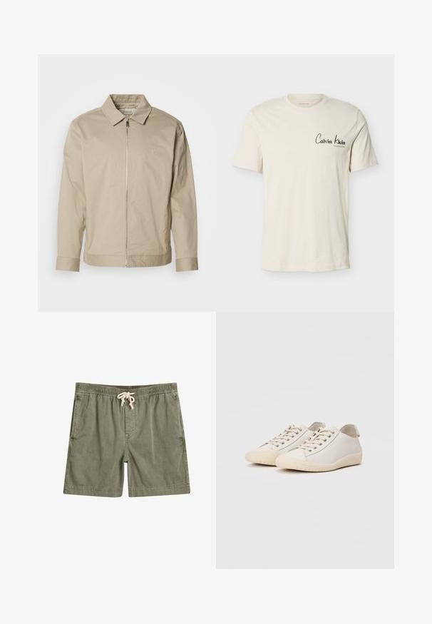 Beige letvægtsjakke med krave, lynlås foran og broderet logo på venstre bryst. Glat tekstur med skræddersyet pasform.; Off-white kortærmet T-shirt med Calvin Klein-logo og teksten "Established 1968" på venstre bryst, rund halsudskæring, ensfarvet design.; Olivengrønne shorts lavet af blødt stof, med en elastisk talje og snor, to sidelommer og en afslappet pasform.; Hvide sneakers lavet af glat læder med tonede stikninger, snørebåndslukning, rund tå og en tekstureret gummisål.