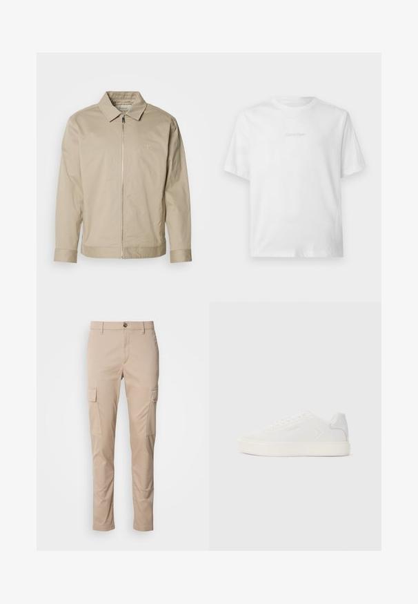 Beige letvægtsjakke med krave, lynlås foran og broderet logo på venstre bryst. Glat tekstur med skræddersyet pasform.; Hvid T-shirt med korte ærmer og rund hals, med diskret præget Calvin Klein-logo centreret på brystet.; Beige cargo bukser med to sidelommer, slim fit, lavet af letvægtsstof, med en frontknaplukning og bæltesløjfer.; Hvid sneaker med glat syntetisk overdel, rund tå og flad hvid sål. Har tonale syninger og minimal branding på siden.