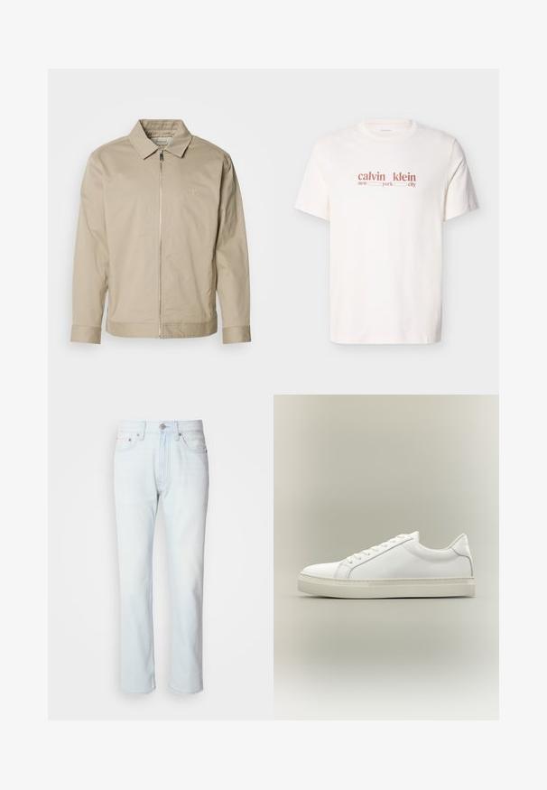 Beige lichtgewicht jas met een kraag, rits aan de voorkant en geborduurd logo op de linkerkant van de borst. Glad textuur met een getailleerde pasvorm.; Witte katoenen T-shirt met rode tekst waarop staat "calvin klein new york city." Korte mouwen en een ronde hals.; Lichtblauwe denim jeans met een rechte pijp. Voorzien van een knoopsluiting en riemlussen, met een vervaagde textuur en minimale stiksels.; Witte lage sneaker met veters aan de voorkant en dikke zool, zijaanzicht tegen een neutrale achtergrond.