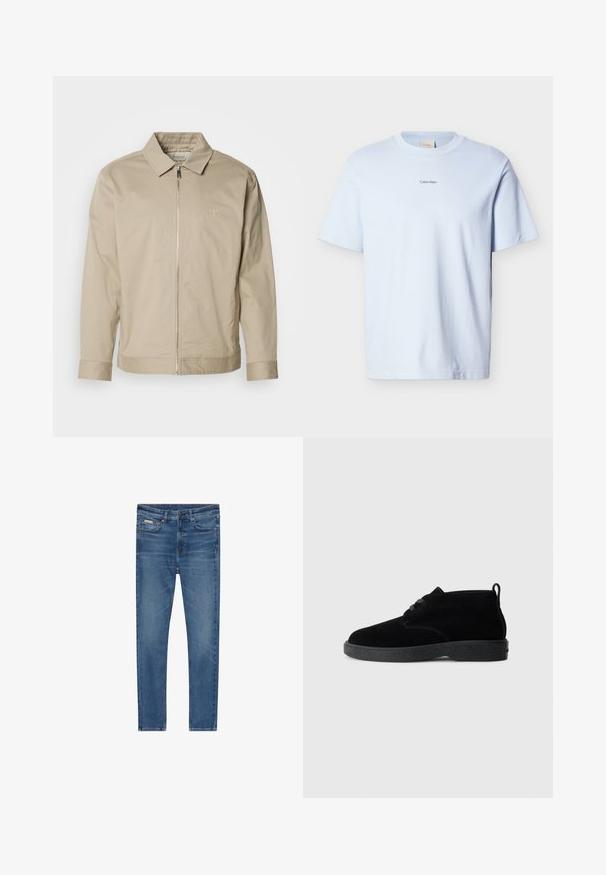 Chaqueta ligera beige con cuello solapa, cremallera frontal y logo bordado en el lado izquierdo del pecho. Textura suave con un corte ajustado.; Camiseta de algodón azul claro con cuello redondo y mangas cortas, con un pequeño logo "Calvin Klein" impreso en negro en el pecho.; Vaqueros de mezclilla azul con corte ajustado, cinco bolsillos, cierre con botones y sutiles desgastes en los muslos y las rodillas.; Botas de tobillo de ante negro con punta redondeada, diseño de cordones, suela de goma negra y una lengüeta en la parte trasera para facilitar su uso.