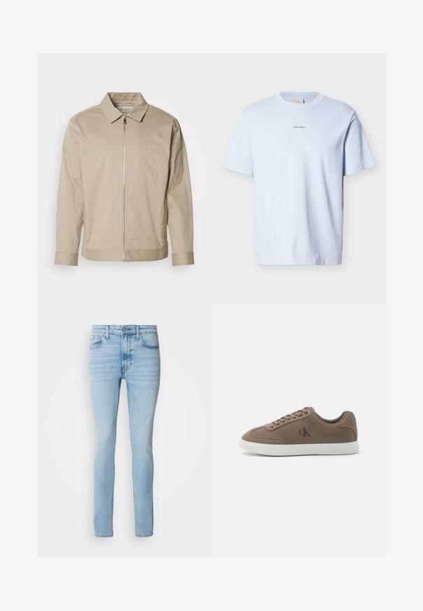 Beige lichtgewicht jas met een kraag, rits aan de voorkant en geborduurd logo op de linkerkant van de borst. Glad textuur met een getailleerde pasvorm.; Lichtblauw katoenen T-shirt met een ronde hals en korte mouwen, met een kleine "Calvin Klein"-logo in het zwart op de borst gedrukt.; Calvin Klein Jeans Jeans Skinny Fit - arrow stone; Taupe suède lage sneaker met beige veters, witte rubberen zool en subtiel "cK" logo aan de zijkant.
