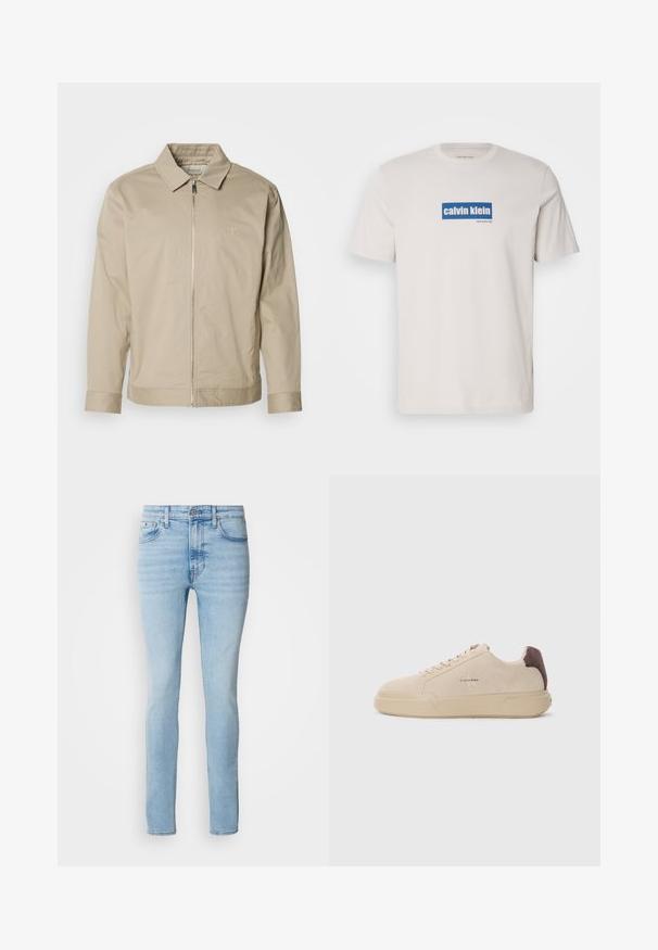 Beige leichte Jacke mit Kragen, Frontreißverschluss und gesticktem Logo auf der linken Brust. Glatte Textur mit taillierter Passform.; Weißes Baumwoll-T-Shirt mit einem blauen rechteckigen Logo, auf dem "calvin klein" und "new york city" in weißem Text auf der Vorderseite steht. Klassische Passform.; Calvin Klein Jeans Jeans Skinny Fit - arrow stone; Beige Wildleder-Sneaker mit runder Spitze, Schnürung vorne und einem braunen Wildlederakzent an der Ferse. Verfügt über eine strukturierte Gummisohle.