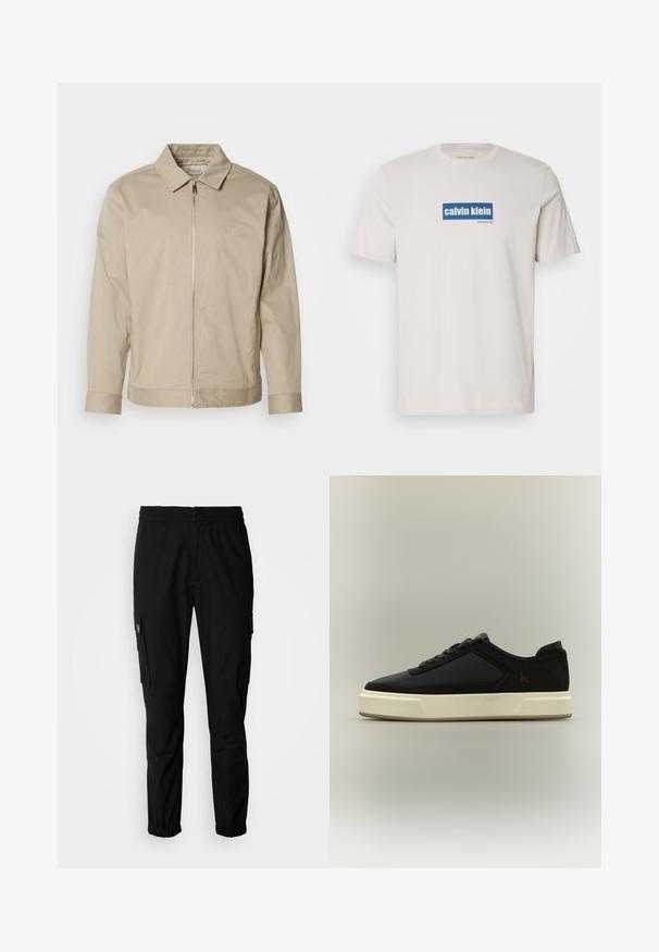 Beige letvægtsjakke med krave, lynlås foran og broderet logo på venstre bryst. Glat tekstur med skræddersyet pasform.; Hvid bomulds T-shirt med et blåt rektangulært logo med "calvin klein" og "new york city" i hvid tekst på forsiden. Klassisk pasform.; Sorte cargo bukser lavet af stof, med elastisk talje, knaplukning og flere sidelommer med klapper.; Sort lavt snøresko med hvid tyk sål, snørret forside og diskret "cK"-logo på siden.