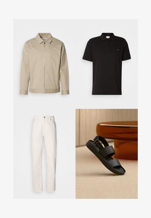 Veste légère beige avec un col, fermeture éclair à l'avant et logo brodé sur la poitrine gauche. Texture lisse avec une coupe ajustée.; Polo shirt en coton noir avec un col classique, deux boutons à l'avant et un petit logo sur la poche gauche. Manches courtes et ourlet droit.; Jeans en denim blanc à jambe droite, avec fermeture à bouton et à fermeture éclair, passants de ceinture, et poches avant et arrière, présentés sur fond uni.; Sandale noire avec double brides et une boucle sur un tapis beige, à côté d'une table ronde de couleur ambre dans une pièce aux tons neutres.