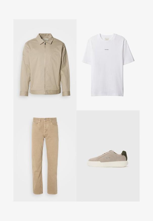 Veste légère beige avec un col, fermeture éclair à l'avant et logo brodé sur la poitrine gauche. Texture lisse avec une coupe ajustée.; T-shirt blanc en coton avec un col rond et des manches courtes. Présente un petit logo noir "Calvin Klein" centré sur la poitrine.; Pantalons en coton beiges au design à jambe droite, avec poches avant, fermeture à bouton et détails de couture subtils le long des coutures.; Baskets en suède beige avec une semelle en caoutchouc blanche, présentant un accent de talon vert foncé et une branding subtile sur le côté.
