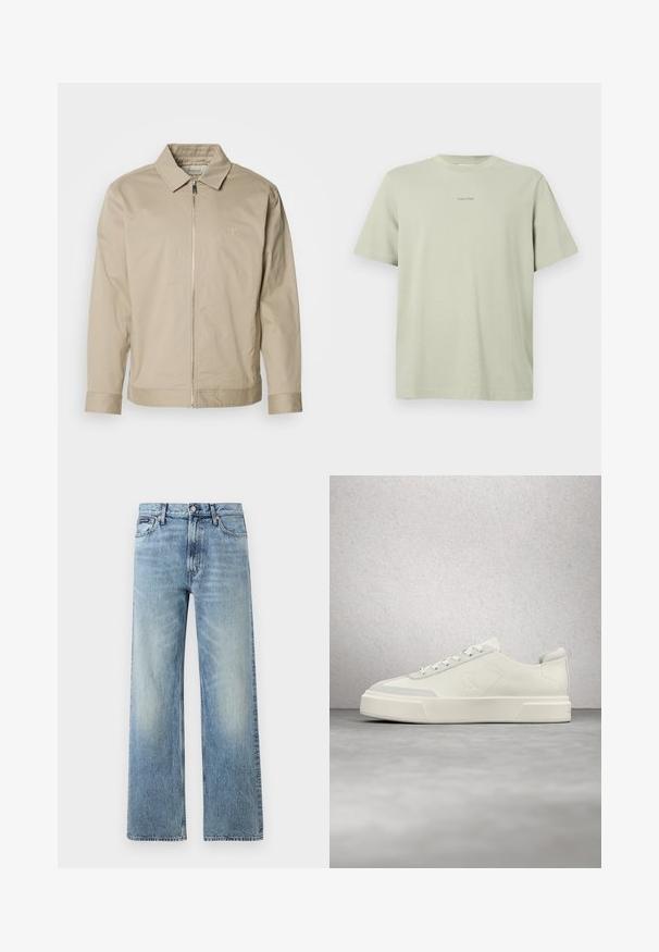 Veste légère beige avec un col, fermeture éclair à l'avant et logo brodé sur la poitrine gauche. Texture lisse avec une coupe ajustée.; T-shirt en coton vert clair avec un col rond, des manches courtes et un petit logo Calvin Klein imprimé en une teinte plus foncée sur la poitrine.; Jean droit en denim bleu clair avec taille haute, cinq poches, fermeture à boutons et léger délavage sur les cuisses et les genoux.; Baskets blanches basses avec une semelle épaisse, logo en relief sur le côté et lacets, présentées dans un cadre intérieur moderne et réfléchissant.