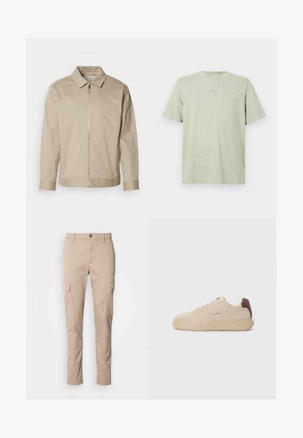 Beige letvægtsjakke med krave, lynlås foran og broderet logo på venstre bryst. Glat tekstur med skræddersyet pasform.; Lys grøn bomulds t-shirt med rund hals, korte ærmer og et lille Calvin Klein-logo i en mørkere nuance trykt på brystet.; Beige cargo bukser med to sidelommer, slim fit, lavet af letvægtsstof, med en frontknaplukning og bæltesløjfer.; Beige ruskind sneakers med rund tå, snørret foran og en brun ruskindsdetalje på hælen. Har en tekstureret gummisål.