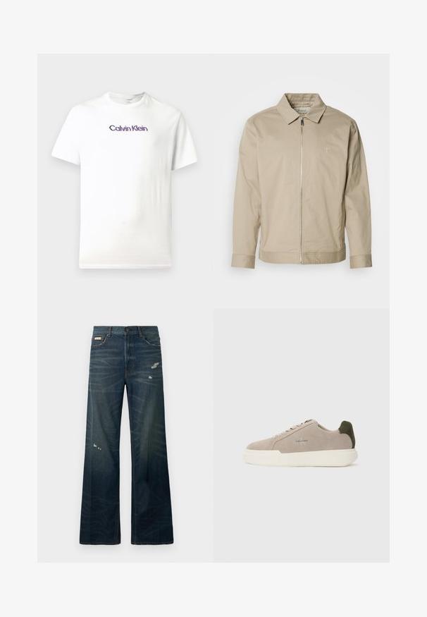 Chaqueta ligera beige con cuello solapa, cremallera frontal y logo bordado en el lado izquierdo del pecho. Textura suave con un corte ajustado.; Camiseta de algodón blanca con cuello redondo, mangas cortas y un logo morado de "Calvin Klein" impreso en el pecho.; Jeans de mezclilla oscura de pierna ancha, con desvanecimientos claros y áreas desgastadas. Cuenta con un cierre de botón y un diseño clásico de cinco bolsillos.; Zapatillas de piel de ante beige con suela de goma blanca, que presentan un acento en el talón de color verde oscuro y un sutil logo en el lateral.