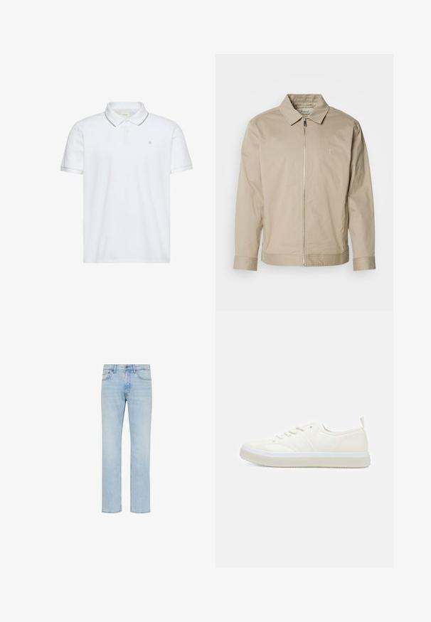 Beige leichte Jacke mit Kragen, Frontreißverschluss und gesticktem Logo auf der linken Brust. Glatte Textur mit taillierter Passform.; Weißes Poloshirt mit kurzen Ärmeln, Zwei-Knopf-Leiste, grauem Besatz an Kragen und Bündchen sowie kleinem auf der Brust aufgesticktem "ck"-Logo.; Hellblaue Straight-Leg-Jeans aus Denim mit vorderem Knopf, Reißverschluss und Fünf-Taschen-Design, gezeigt auf weißem Hintergrund.; Calvin Klein TOP LACE UP UNIFIT - Sneaker low - salt bay
