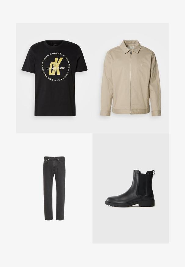 Beige letvægtsjakke med krave, lynlås foran og broderet logo på venstre bryst. Glat tekstur med skræddersyet pasform.; Sort bomulds T-shirt med korte ærmer, rund hals og stort hvidt og guld grafisk logo med "Calvin Klein" og "CK."; Sorte jeans med lige ben i denim med knap- og lynlås-lukning foran, for- og baglommer, vist på hvid baggrund.; Sort læder ankelstøvle med elastiske sidepaneler, træksnor ved hælen og lav bloksål mod en ensfarvet baggrund.