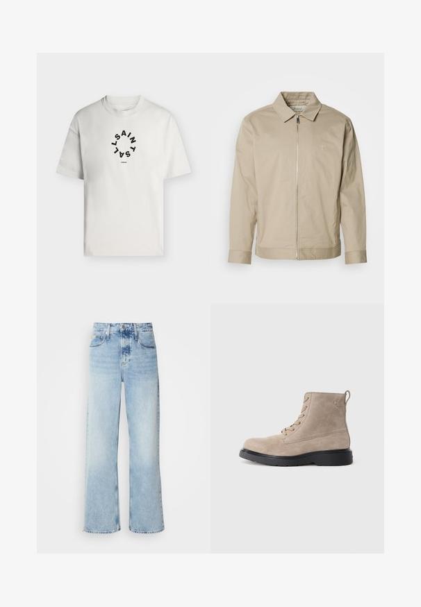 Chaqueta ligera beige con cuello solapa, cremallera frontal y logo bordado en el lado izquierdo del pecho. Textura suave con un corte ajustado.; Camiseta blanca de manga corta con cuello redondo, con texto circular negro que dice "SAINT LAINT" y "LONDON" debajo del círculo.; Vaqueros de pierna ancha en azul claro con una alta cintura, que presentan un acabado desgastado, cinturillas y un clásico diseño de cinco bolsillos. El dobladillo es sin acabar.; Botines de ante beige con suela de goma negra, diseño con cordones y un pequeño logotipo grabado en el lateral, que cuenta con una lengüeta en la parte posterior.