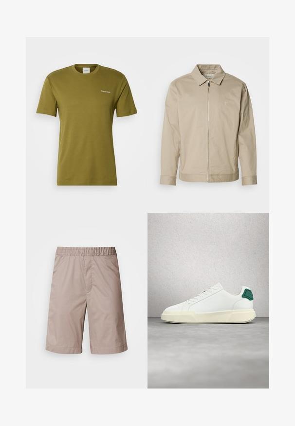 Beige lichtgewicht jas met een kraag, rits aan de voorkant en geborduurd logo op de linkerkant van de borst. Glad textuur met een getailleerde pasvorm.; Olijfgroene katoenen t-shirt met korte mouwen, ronde hals en een klein wit Calvin Klein-logo op de linkerkant van de borst.; Beige shorts met een elastische tailleband, een gladde textuur, knielange snit en zonder zichtbare patronen of hardware-details.; Witte lage sneaker met groene hielkap, dikke gebroken witte zool en geperst merkje, afgebeeld tegen een reflecterende glazen blokmuur.