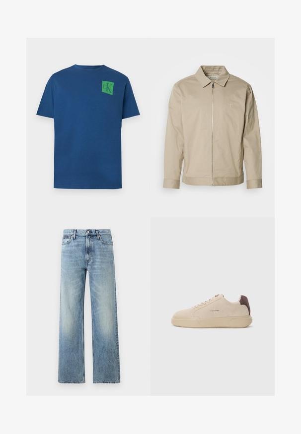 Chaqueta ligera beige con cuello solapa, cremallera frontal y logo bordado en el lado izquierdo del pecho. Textura suave con un corte ajustado.; Camiseta de algodón azul con cuello redondo, mangas cortas y logo cuadrado verde con diseño "cK" en la parte superior izquierda del pecho.; Vaqueros de mezclilla azul claro de corte recto con cintura alta, cinco bolsillos, cierre de botón y sutil desgaste en los muslos y las rodillas.; Zapatilla de ante beige con punta redondeada, cordones en la parte frontal y un acento de ante marrón en el talón. Cuenta con una suela de goma texturizada.
