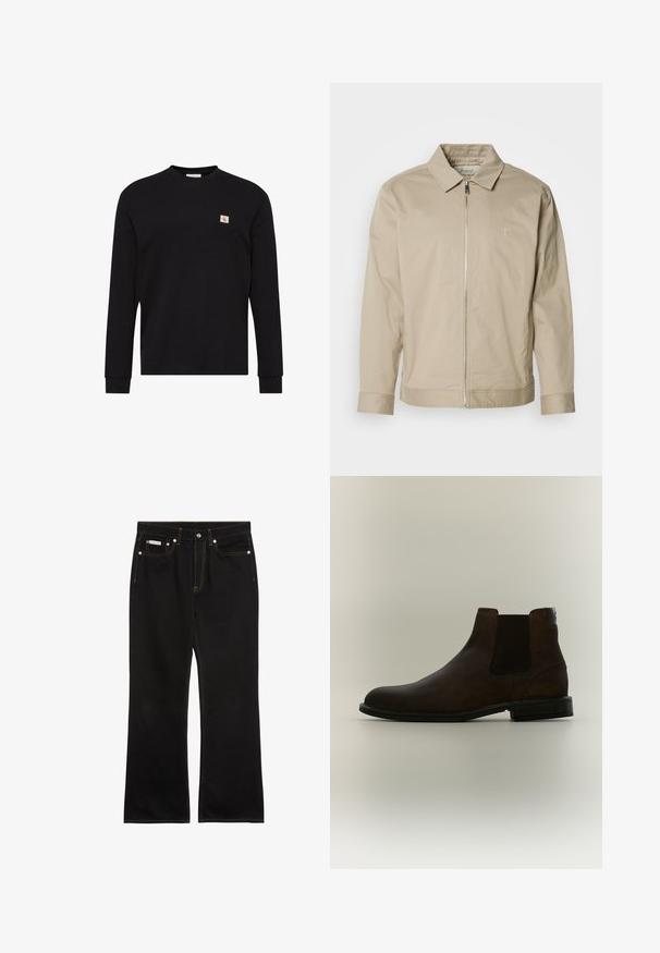 Beige letvægtsjakke med krave, lynlås foran og broderet logo på venstre bryst. Glat tekstur med skræddersyet pasform.; Sort langærmet rundhalset sweater med lille beige og rød CK-logo patch på venstre bryst.; Sorte jeans med lige ben, orange syning, fem lommer, knaplukning og et lille Calvin Klein-mærke på den forreste højre lomme.; Mørkebrun ruskind Chelsea ankelstøvle med sort elastisk sidelærred og lav sort hæl på ensartet beige baggrund.