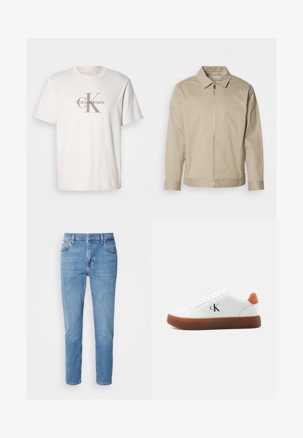 Beige letvægtsjakke med krave, lynlås foran og broderet logo på venstre bryst. Glat tekstur med skræddersyet pasform.; Hvid kortærmet bomulds t-shirt med beige "cK Calvin Klein" logo trykt over brystet, rund udskæring og afslappet pasform.; Lys blå denim jeans med lige snit, fem-lomme design og subtilt slid. Har knaplukning og bæltestropper.; Hvid lavt snøresneaker med brun sål, orange hælstrop, snørebånd og "cK" logo på siden.