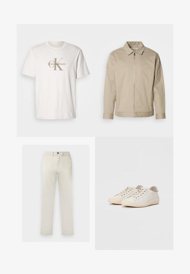 Beige lichtgewicht jas met een kraag, rits aan de voorkant en geborduurd logo op de linkerkant van de borst. Glad textuur met een getailleerde pasvorm.; Witte katoenen t-shirt met korte mouwen met een beige "cK Calvin Klein" logo gedrukt over de borst, ronde halslijn en een losse pasvorm.; Beige broek met rechte pijpen, voorzien van voorzakken, riemlussen, knoopsluiting en ritssluiting, afgebeeld tegen een witte achtergrond.; Witte sneakers van glad leer met ton-sur-ton stiksels, vetersluiting, ronde neus en een gestructureerde rubberen zool.