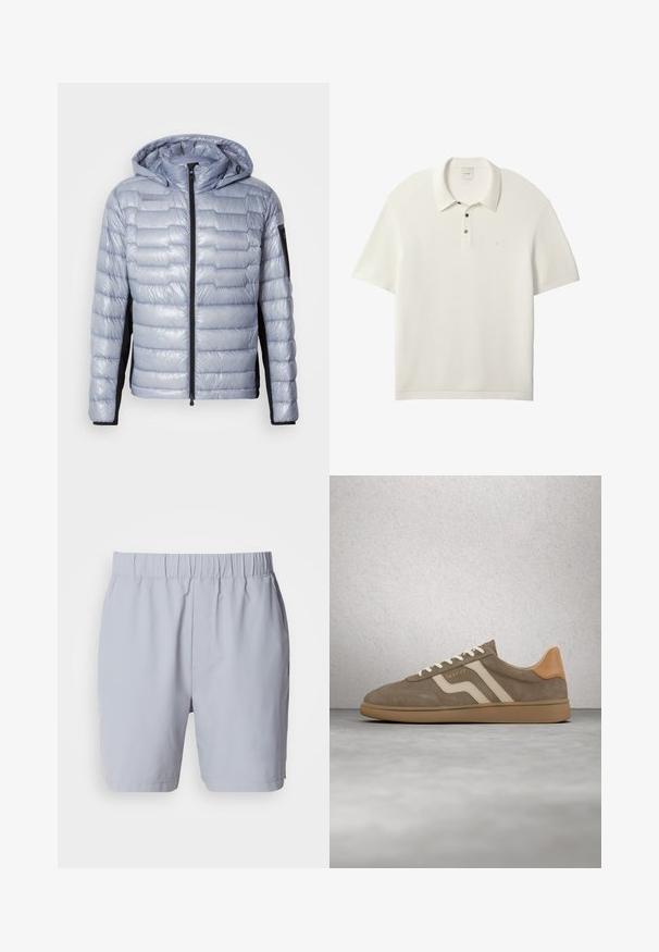 Veste matelassée bleu clair avec panneaux latéraux noirs, fermeture éclair à l'avant, capuche intégrée et poche zippée sur la manche gauche.; Polo blanc texturé à manches courtes avec col et poignets côtelés, doté de deux boutons et d'un petit logo sur la poitrine.; Shorts de bain gris clair avec une taille élastique, deux poches latérales et un tissu lisse et léger. Aucuns motifs ou embellissements visibles.; Baskets en daim marron avec des rayures beige, des lacets crème et une semelle en caoutchouc, flottant au-dessus d'un sol gris et d'un mur en blocs de verre en arrière-plan.