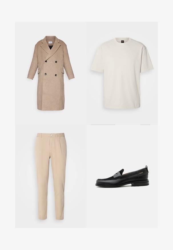 Manteau croisé en tissu beige clair, avec deux poches avant, des boutons noirs et un col cranté. Texture lisse.; T-shirt à manches courtes et col rond en coton blanc cassé, présentant une coupe droite et un marquage minimal sur le col. Texture douce, sans motifs.; Pantalon beige à coupe slim, fabriqué en tissu tissé. Équipé d'une fermeture à un bouton, d'un devant plissé et de jambes droites.; Mocassin en cuir noir avec détail de bride grise, talon bas et semelle texturée, marqué "HUGO" en or sur le côté.