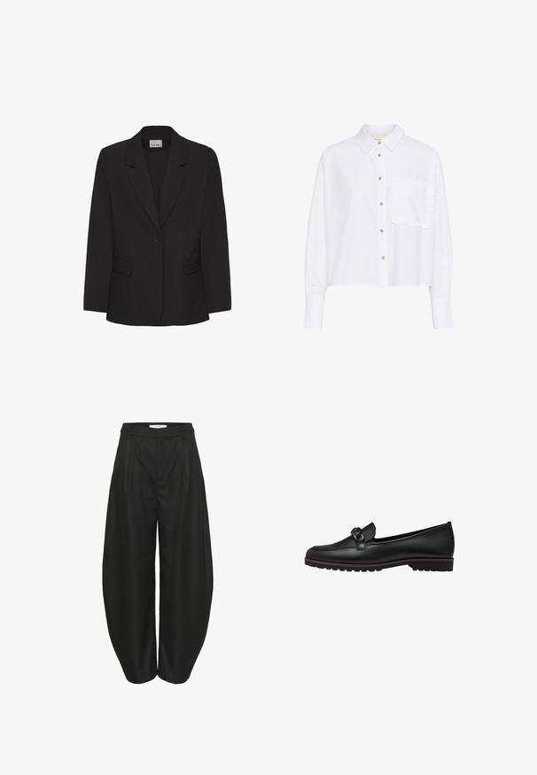 Blazer negro con corte entallado, solapas con muesca, cierre de un solo botón y dos bolsillos delanteros. Tejido liso con acabado mate.; Camisa corta blanca con botones y cuello, que presenta un bolsillo rizado, mangas largas y acentos de botones plateados.; Pantalones de pierna ancha de talle alto en negro con pliegues, presillas para cinturón y cierre frontal oculto, diseñados por Gestuz.; Mocasines de cuero negro con un acento trenzado en la parte delantera, suela de goma plana y detalles de costura a lo largo del borde.