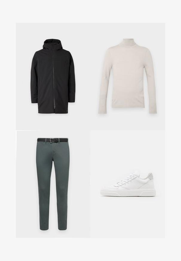 Sort hættejakke med lynlås, lavet af glat, let materiale. Har et rent design og minimalistisk stil.; Lys beige turtleneck sweater lavet af glat stof, med lange ærmer og en figursyet design, samt en ribbet halsudskæring og manchetter.; Grønne bomuldsbukser med slim fit, udstyret med et sort bælte og standard fem-lomme design. Glat tekstur, minimale syninger.; Hvide lædersneakers med en glat finish, rund tå, flade snørebånd og en struktureret sål. Grå ruskindsdetalje ved hælen.