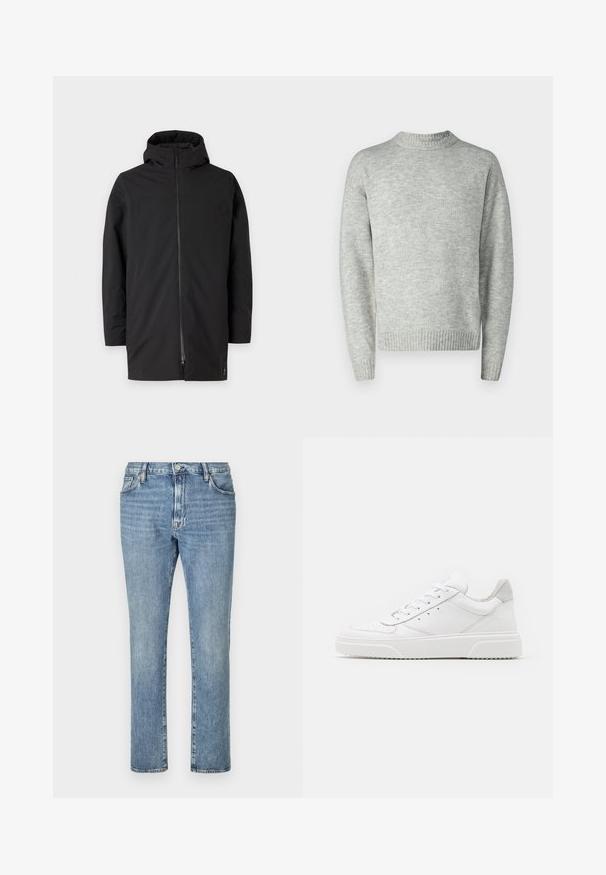 Chaqueta negra con capucha y cierre de cremallera, fabricada en un material suave y ligero. Presenta un diseño limpio y un estilo minimalista.; Suéter de color gris claro, textura de punto, cuello redondo, mangas largas, dobladillo y puños acanalados, ajuste relajado, diseño minimalista.; Jeans de denim azul claro con un diseño de pierna recta, que cuentan con cinco bolsillos y cierre de botón frontal. Una textura desgastada añade interés visual.; Zapatillas de cuero blanca con un acabado suave, punta redondeada, cordones planos y una suela texturada. Acento de ante gris en el talón.
