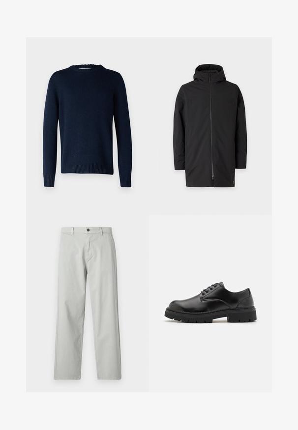 Chaqueta negra con capucha y cierre de cremallera, fabricada en un material suave y ligero. Presenta un diseño limpio y un estilo minimalista.; Selected SLMCODY LS KNIT CREW NECK NOOS - Jersey de punto - sky captain; Pantalones rectos de color gris claro, confeccionados con una tela suave y tejida. Cierre frontal con botón y bolsillos laterales. Estilo minimalista.; Zapatos de cuero negro con punta redondeada, diseño con cordones y una suela de goma gruesa y texturizada. Presentan costuras a lo largo del borde y un acabado suave.