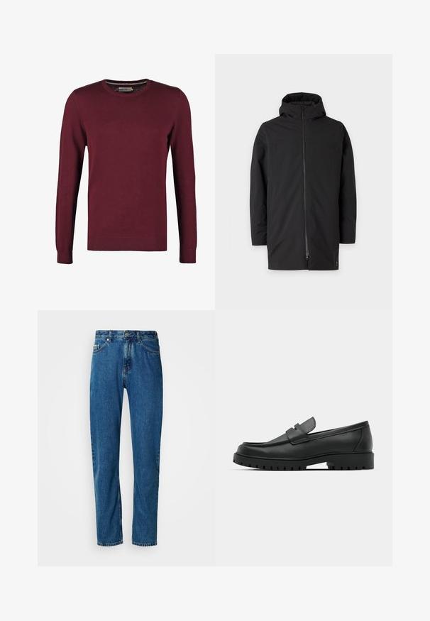 Veste à capuche noire avec fermeture éclair, fabriquée en matériau lisse et léger. Présente un design épuré et un style minimaliste.; Pull en jersey bordeaux avec un col rond, fabriqué en tissu lisse, doté de manches longues et de poignets et ourlet côtelés pour une texture supplémentaire.; Jean en denim droit bleu avec cinq poches et fermeture à bouton à l'avant sur fond blanc.; Mocassins en cuir noir à bout arrondi, avec un design cousu, une semelle plateforme basse et une semelle en caoutchouc texturée et crantée.