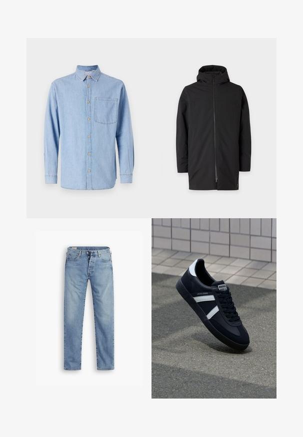 Schwarze Kapuzenjacke mit Reißverschluss, aus glattem, leichtem Material gefertigt. Besitzt ein sauberes Design und minimalistischen Stil.; Helles blaues Denimhemd mit Button-Down-Kragen, langen Ärmeln und einer einzelnen Brusttasche. Mit braunen Knopf-Details und kontrastierenden Nähten.; Hellblaue Denim-Jeans mit geradem Schnitt. Sie verfügen über einen Knopfverschluss, fünf Taschen und eine leicht verwaschene Textur.; Schwarze Leder-Sneaker mit weißen Streifen, strukturiertem Gummisohle und Schnürung. Verfügt über ein Markenetikett auf der Zunge.