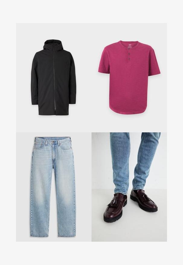 Sort hættejakke med lynlås, lavet af glat, let materiale. Har et rent design og minimalistisk stil.; Kortærmet henley-skjorte i en livlig magenta farve. Har en rund hals, tre-knaps stolpe og en let buet kant. Blød tekstur.; Lyseblå lige jeans med fem lommer, metalknaplukning og falmede detaljer ved lårene og knæene, lagt fladt på hvid baggrund.; Bordeaux læder loafers med kvaster og en tekstureret overdel, parret med lyseblå denimjeans. Sort gummisål synlig.