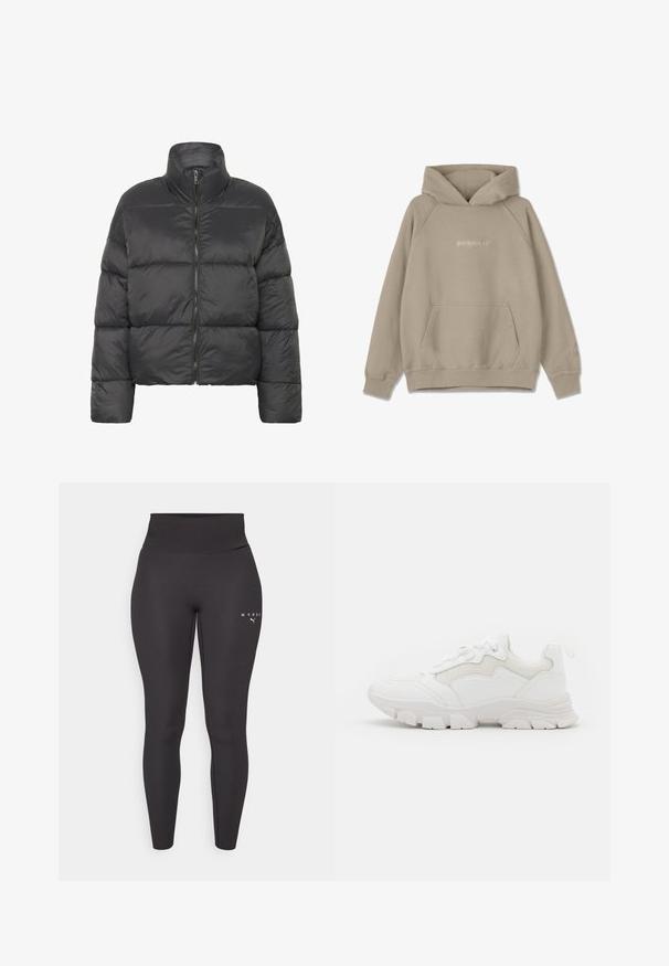 Zwarte pufferjack met een hoge kraag, ritssluiting en doorgestikt ontwerp. Gemaakt van een gladde, lichte stof. Korte, cropped pasvorm.; Beige hoodie met een kangoeroezak, trekkoordcapuchon en geribde manchetten. Kenmerkt een subtiele logo- borduring op de voorkant en mouw.; Zwarte sportleggings van rekbaar materiaal, met een hoge tailleband en subtiele logo-opdruk aan de linkerpijp. Gladde textuur.; NA-KD CONTRAST SOLE TREKKING - Sneakers laag - white