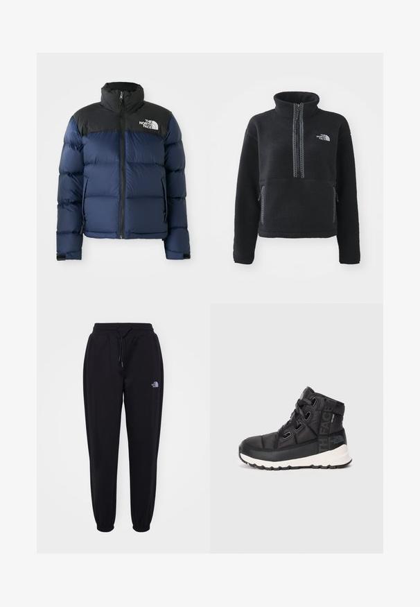 Mørkeblå puffjakke med sort hætte og skuldre, der har en frontlynlås, quiltet mønster og logo på venstre brystområde.; Sort fleecepullover med høj krave, kvartlynlås, frontlomme og kontrastsyninger. Har The North Face-logo på brystet.; Sorte joggingbukser med elastisk talje og manchetter, snoretræk, sidelommer og lille hvid The North Face-logo på højre lår.; Sorte mellemhøje vandrestøvler med tekstureret overflade, justerbare snørebånd og hvid gummisål. Har branding på siden.