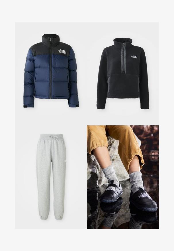Mørkeblå puffjakke med sort hætte og skuldre, der har en frontlynlås, quiltet mønster og logo på venstre brystområde.; Sort fleecepullover med høj krave, kvartlynlås, frontlomme og kontrastsyninger. Har The North Face-logo på brystet.; Grå sweatpants med elastisk talje og snøre. Stoffet er blødt, og de har elastiske manchetter ved anklerne samt et logoaccent.; Sorte isolerede slip-on sko med teksturerede såler og hvidt logo, iført med grå strikkede strømper, parret med ribbede sennepsfarvede bukser.