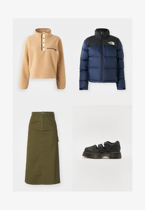 Chaqueta acolchada azul marino con capucha y hombros negros, que cuenta con un cierre frontal, patrón cosido y logotipo en el área del pecho izquierdo.; Pulóver de forro polar beige con un alto cuello, tapeta de medio botón y un bolsillo con cremallera en el pecho izquierdo. Tejido texturizado con acentos marrones.; Falda midi de algodón verde oliva con corte recto, cierre de botones, dos bolsillos laterales y una ligera abertura en el dobladillo para facilitar el movimiento.; Zapato de cuero negro con dos correas ajustables de hebilla, suela texturizada elevada y costuras naranjas visibles a lo largo de la media suela.