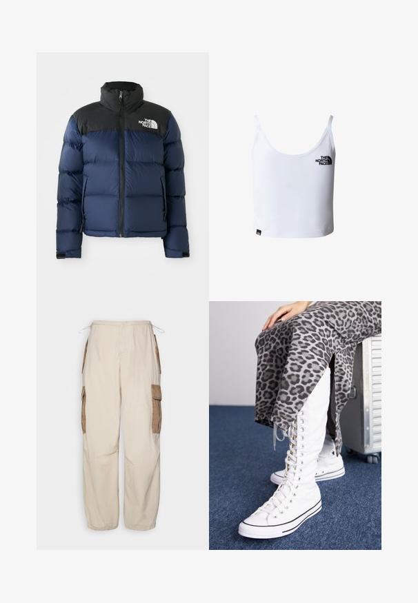 Mørkeblå puffjakke med sort hætte og skuldre, der har en frontlynlås, quiltet mønster og logo på venstre brystområde.; Hvid croppet tanktop med tynde stropper, med The North Face-logo i sort på brystet og nær den nederste kant.; BDG Urban Outfitters CONTRAST - Cargobukser - beige; Skridtløse hvide støvler med høj skaft, lavet af canvas, med sorte akcenter. Sammen med en grå leopardmønstret nederdel med sidespalter.