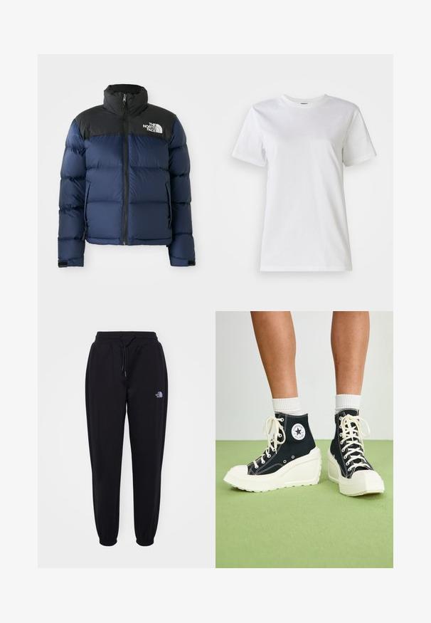 Mørkeblå puffjakke med sort hætte og skuldre, der har en frontlynlås, quiltet mønster og logo på venstre brystområde.; Hvid bomulds t-shirt med rund hals og korte ærmer. Stoffet er glat med en blød tekstur og uden synlige mønstre eller detaljer.; Sorte joggingbukser med elastisk talje og manchetter, snoretræk, sidelommer og lille hvid The North Face-logo på højre lår.; Sorte højtop sneakers med en hævet hvid platform sål, der har hvide snørebånd og en rund logo lap på siden. Tekstureret canvas materiale.